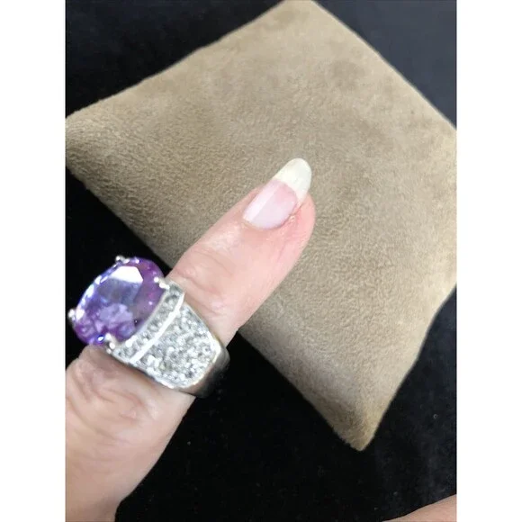 Clear crystal Rhinestone and Amethyst Silver Tone Cocktail Ring Size 5.5 Costume